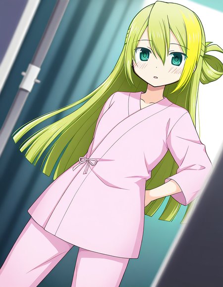masterpiece, best quality, newest, absurdres, highres, safe, 1girl, alina gray \(hospitalized costume\), magia record: mahou shoujo madoka magica gaiden, pink hospital gown, pink pants, solo, hospital, dutch angle, <lora:alina_gray_noobaiXLNAIXL_vPred10Version:0.7>