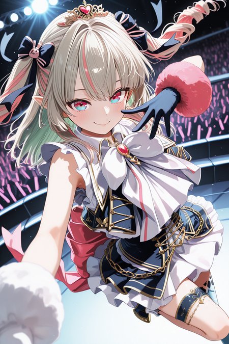 lazypos,
1girl,
MakaiNoRirimuNijisanji, MakaiNoRirimuIdolCostume, 
solo, perspective, dynamic angle, upper body,
twintails, green hair, blue eyes, hair between eyes, large breasts,
grey hair, twin drills, eyelashes, tiara, rabbit hair ornament, idol clothes, thigh strap, high heel boots,
depth of field,
<lora:kp_MakaiNoRirimuNijisanjiIllustrious_v1_0:1.0>,