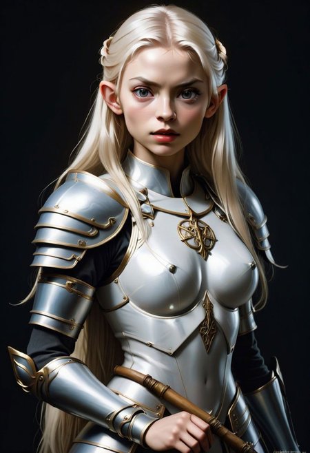 Galadriel martial portrait, in (white armor:1.2), golden hair with silver highlights, sexy, light grey eyes, (pointed ears:0.8:,
Portrait by Caravaggio, oil on canvas.
1girl,
Full body with shield and spear. The shield device shows the sigil of the house of finarfin