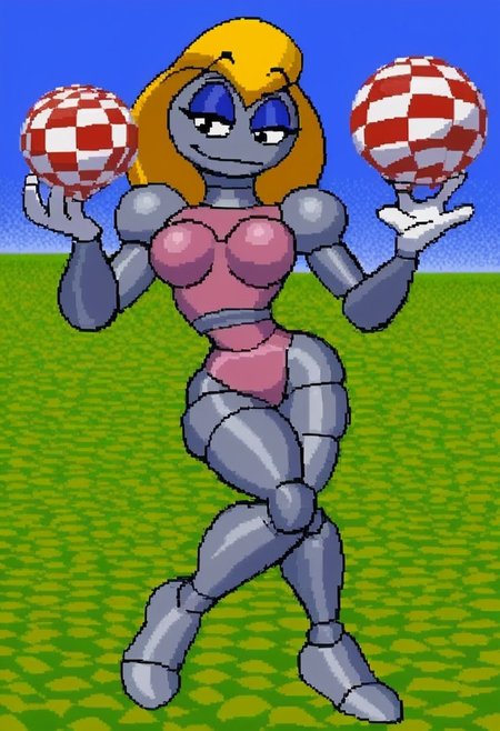 pixel art, score_9_up, score_8_up, score_7, best quality, high resolution, masterpiece, detailed, 
no nose, long blonde hair, 1girl, solo, pink torso, grey limbs, colored body, grey body pink torso, juggette,  female, small breasts, half closed eyes, blue eyelids