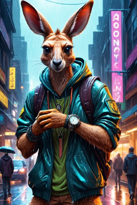 Detailed digital illustration of an anthro Kangaroo (Looking at a watch, anticipation) at a Rain-soaked streets with glowing cyber signs, <lora:xl_more_art-full_v1:0.5>,  <lora:anthro_muscular:0.7> , <lora:madpunk:0.4> madpunk