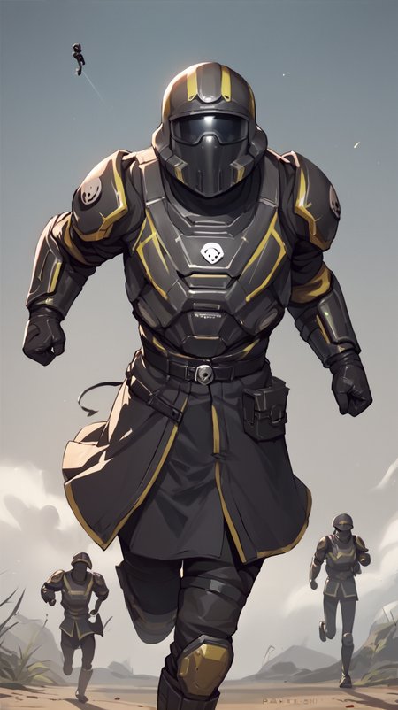 <lora:HelldiversXL:1> score_9, score_8_up, score_7_up, score_6_up, score_5_up, score_4_up,  source_anime, helldiver, 1boy, armor, helmet, skirt, cowboy shot, running