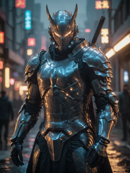 (masterpiece, best quality, ultra-detailed, best shadow), cinematic film still, photo of a man wearing a high tech scifi armor, samurai armor, male focus, armor, solo, cape, menpo, glowing eyes, blurry background, katana sword handle on back, power armor, knee protection, standing science fiction, glowneon  <lora:aesthetic_anime_v1s:1.2> <lora:glowneon_xl_v1:1> <lora:add-detail-xl:0.8>
