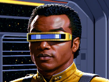 w1ngc0mmander, pixel art,  <lora:Wing_Commander:1>      <lora:StarTrekTNG-v7:0.9> geordi gold starfleet uniform, closeup