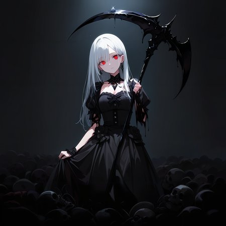 masterpiece, best quality, newest, absurdres, highres, safe,cute face,clean skin ,shiny hair,eyelashes,cute girl,darkness,chaos,death,no light,undead,black dress,holding scythe