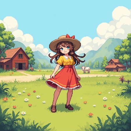 pixel art,cute girl,vintage clothes,nature farm background,18yo