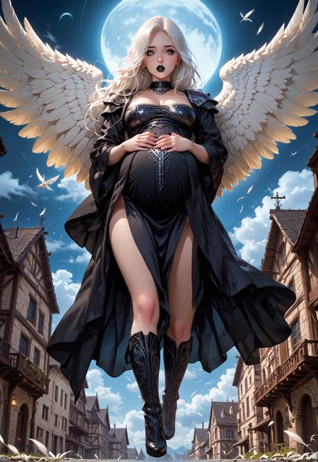 safe_pos, Avacyn, Avacyn as sexy curvy pregnant angel milf, massive Angel Wings, Feather Wings, Armor, long white hair, Shoulder Armor, black high heeled boots, white eyes, no pupils, goth makeup, heavy black eyeliner, black lipstick, pale skin, no dress, clothing window, outdoors, flying through the sky, moon background, bright moonlight with blue clouds, night sky, flying, background, posing, navel, midriff, pregnant, bare belly, veiny belly, large round heavy belly, Expressiveh, looking down at viewer, surprised expression, blush, holding belly, ground view, full body