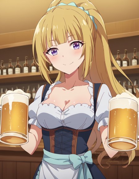 score_9, score_8_up, score_7_up, source_anime, keikaruizawa, <lora:kei-karuizawa-anime-s2-ponyxl-lora-nochekaiser:1>, kei karuizawa, long hair, bangs, blunt bangs, purple eyes, blonde hair, hair ornament, ponytail, scrunchie, blue scrunchie,, <lora:dirndl-ponyxl-lora-nochekaiser:1>, dirndl, german clothes, beer mug, collarbone, cleavage, beer, underbust, waist apron,, indoors, bar, smile, blush,, cowboy shot, dutch angle, looking at viewer,