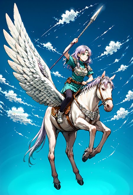 score_9,score_8_up,score_7_up,extreme detailed,full_body,zPDXL3 BREAK sky,flying,1girl,<lora:Pony_DetailV2.0:1>,
pegasus knight,horse,horseback riding,pegasus,closed mouth,polearm,holding weapon,<lora:pegasus knight-v3-pony:0.7> BREAK NSFlorinaMisc,light purple hair,long hair,parted bangs,low-tied sidelocks,<lora:NSFlorinaFE7:1.05>,unaestheticXL_3x3,fighting stance,from_side,