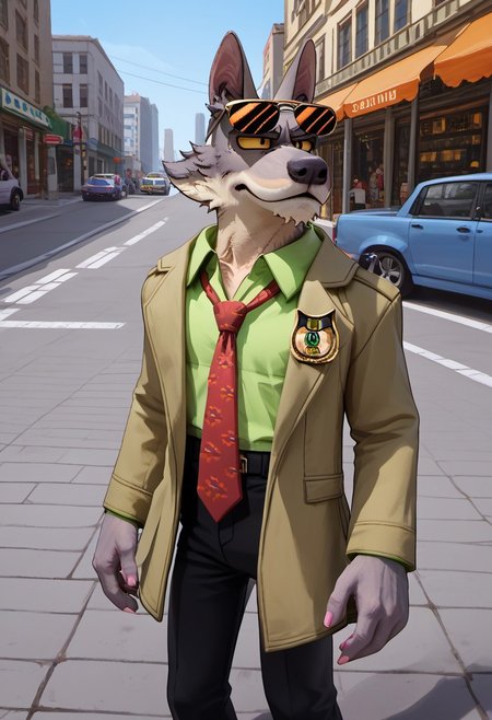 score_9_up, score_8_up, score_7_up, masterpiece, best quality, amazing quality, very aesthetic, absurdres, newest,  high quality, detailed, male, solo male, DaleDonovan, 1boy, mature male, male, anthro, wolf, broad shoulders, scruffy, gray fur, light tan underbelly, black eyes, yellow sclera, thick eyebrows, animal ears, green collared shirt, red tie, tan jacket, detective, sunglasses on forehead, black pants, half body, outdoors, looking at viewer, on the street, city, on sidewalk, gun in hand, focused, stern face