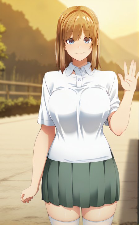 masterpiece, best quality, highres, newest, 1girl, solo, official style, anime screencap, <lora:IL_Hinagaki_Io:1>, hinagakiio, brown hair, blue eyes, large breasts, white shirt, green pleated skirt, white thighhighs, smile, outdoor, cowboy shot, hand up, five fingers