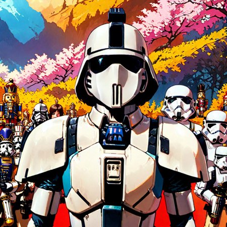 stormtrooper, star wars, retanime, Mike Deodato, midjourneyv6.1, nutcracker, hyper-detail, hyper-realism, cinematic, intricate detail, detailed background, masterpiece, best quality, high quality, highres, absurdres, very detailed, high resolution, sharp, sharp image, aesthetic, Score_9, score_8_up, score_7_up, score_6, source_anime, vibrant, colorful, retro_artstyle, 1990s_(style), an imperial stormtrooper with armor similar to a nutcracker