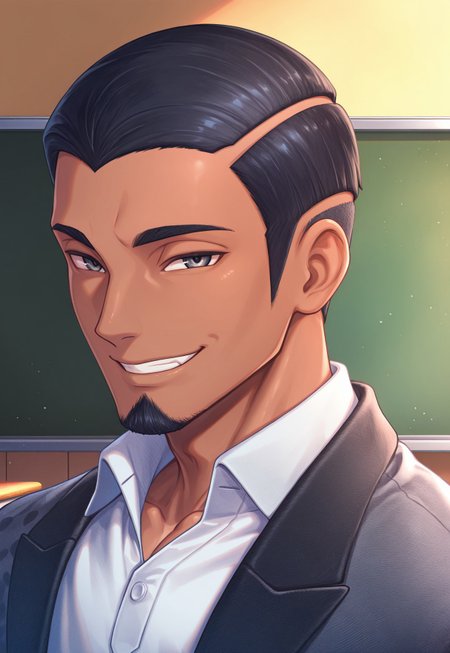 solo, masterpiece, detailed, ultra hd, best quality, 1boy, male, official art, w0lfc0nf, modern, new, masculine face, daddy looking face

PokeSalvatore, black hair, dark skin, facial hair, jacket, white shirt, portrait, headshot, looking at viewer, smiling, classroom, anime