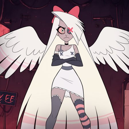 masterpiece,best quality,newest,absurdres,highres,very awa, Vaggie, 1girl, grey skin, long hair, white hair, hair bow, one X-shaped eye patch, hair over one eye, colored sclera, solo, small breasts, standing, elbow gloves, colored skin, asymmetrycal thighhighs, grey waistband, one exposed shoulder, white dress, grey bra, choker, one striped thighhigh, official style, cartoon, parody, hell street, looking at viewer, :(, big angel wings, crossed arms