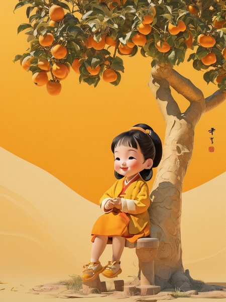 A super happy and cute ancient Chinese little girl ,Sitting Persimmon tree as backgroundï¼yellow tone,abstract picture, surrealism, clear background trend, clear outline light, edge light,fantasy, Dappled light, flat illustration, Disney style, 8k,