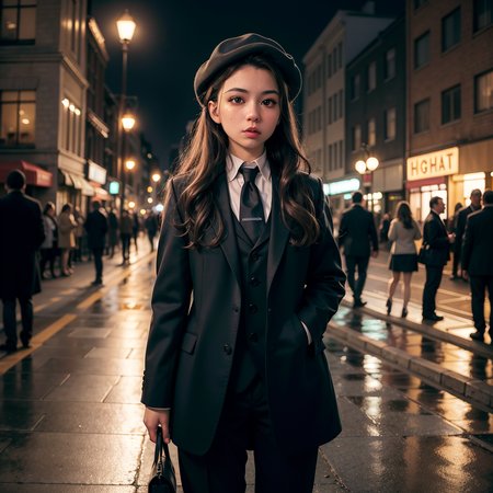 masterpiece, absurdres, high quality, realistic,
1girl, European, long wavy hair, standing, looking at viewer, three-piece suit, oxford laced boots, newsboy cap, collar shirt, heavy overcoat,
street alley, street lights, night,
20 megapixel, detailed, movie grain
