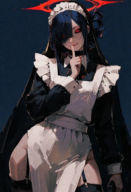 film grain, (96yottea:1.2), realistic, sketch, 
masterpiece, best quality, amazing quality,
cinematic, head tilt, black veil, wide smile, closed mouth,
close up, shushing, (contrapposto:1.1), red (halo behind head:1.2), glowing halo, holding gun,
(anorexic:1.1), (skinny:1.1), garter straps, thighhighs, cross, (looking at viewer:1.2), parted lips, standing, black choker, red eye, black sclera, hair over one eye, hair rings, white apron, maid headdress, long sleeves, 1girl, maid, wide hips, thick thighs,
(dark blue background:1.1), simple background, dark theme,
<lora:YTSKX-WAI:0.8> <lora:ponyv6_vpred6:0.3>
