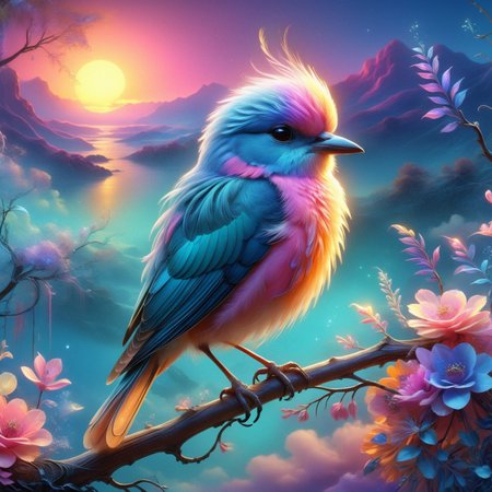 breathtaking  . award-winning, professional, highly detailed, sunset  animal   (Vibrant neon colors)    , animal  (Artistic style)  (Whimsically artistic) perched on ar branch, ethereal bird with feathers of iridescent hues,  pastel tones pinks, mauves, and soft blues, 
Fantasy style, fantasy dreamlike art, vivid color, 3d animation,


