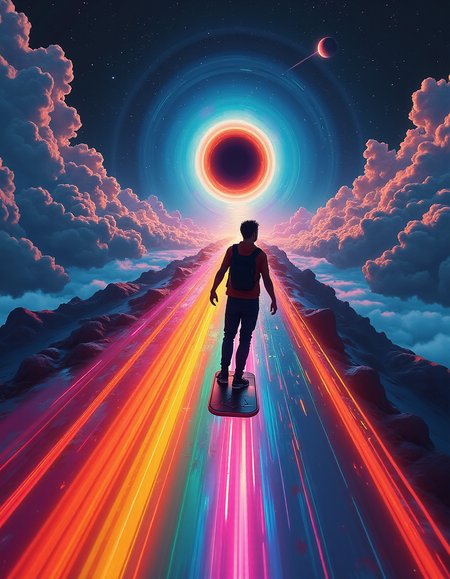 masterpiece, ultimate detailed, tiny finnest details,
A person riding a cyber surf, that hovers off of the ground at a really high speed. a road made of of a rainbow in outer space. A blackhole at the end of the track, absorbing things nearby
 <lora:NeonFantasyFLUX:0.25> ne0nfant4sy <lora:Flux1-impossible_geometry_V1.0:0.4> <lora:flux.1_lora_flyway_Epic-detail_v2:0.7>, <lora:Dieselcore:0.1> d1eselc0re