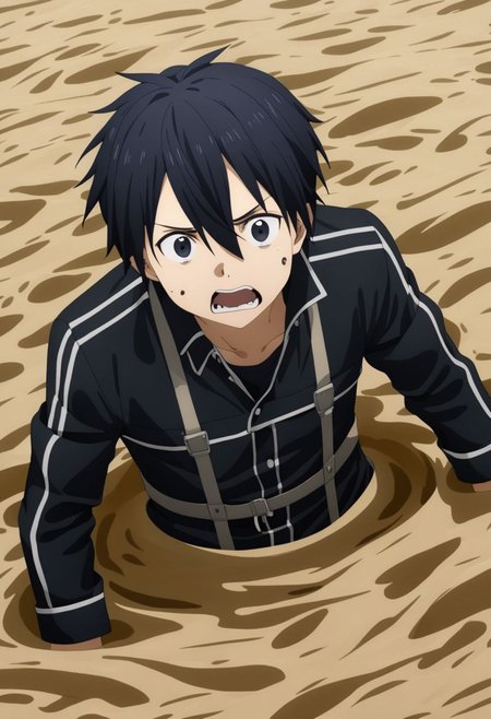 high resolution, professional photography, best quality, 1Boy, Kirigaya Kazuto, Black Hair, Black Eyes, overalldetail, panicking, asking for help, trapped, quicksand, dying