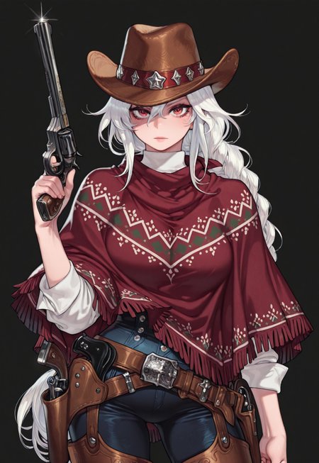 1 girl , solo , poncho , cowboy hat , voluptuous , holding revolver pistol , gun belts , chap ,cross_hairs ,braided long hair , white hair , looking at viewer ,bullseye ,

masterpiece, best quality ,amazing quality , p1ge0n666_illu ,