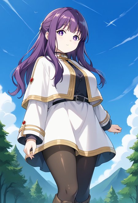 score_9, score_8_up, score_7_up, score_6_up, score_5_up, score_4_up, epic-Ultra-HD-details, epic-Ultra-HD-highlights, 2.5D-upscaled-resolution, source_anime, digital-quality, semi-realism, physically-realistic, lit, cutesie,
afrobullstyle, 
BREAK source_anime, anime, best quality, masterpiece, rating_safe, uncensored, High quality, 8k, Ultra, 
BREAK (outdoors,Forest, trees, rocks, mountains, blue sky, sun, cumulonimbus clouds),
BREAK  1girl, Fern_(Sousou_no_Frieren),purple eyes, purple pupils, purple hair, long hair, wavy hair, 
Frieren, white capelet with long sleeves, black belt, black pantyhose and brown boots
BREAK ((cowboy shot)),(standing),(from below),(((from front))),
busty breasts,（large breasts:1.2), (thick thighs,:1,2),
looking at viewer,smile,blush,((erect nipples)),