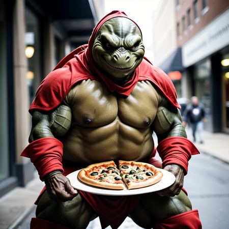 <lora:person_XL_chonkasaurus:0.5> photograph of (chonkasaurus:1), dressed as a (red leonardo teenage mutant ninja turtule:1.25) eating pizza