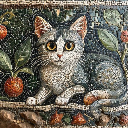 cinematic photo mosaic of a The cat is hunting for the mouse <lora:Roman_Mosaic:1.0>, 35mm photograph, film, bokeh,  professional, 8k, highly detailed