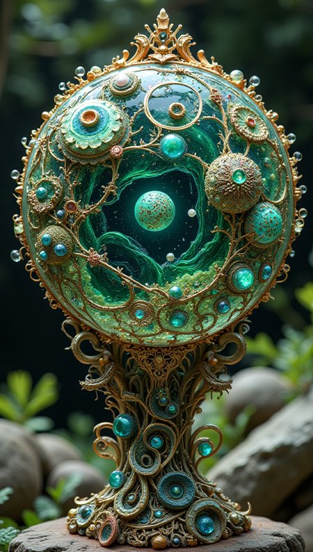 masterpiece, 4k, 8k, sharp, a intricate representation of a planet made of mantaray. There are pearl that are green and embedded inside of the crown, the light is cinematic during day in a pleasant nature setting.
detailmaximizer, Midjourney_Whisper <lora:[Flux1]_flux_vividizer:0.3> <lora:[Flux1]_scenery_lora_comfy_converted:0.2> <lora:[Flux1]_Opal_Fantasy_Flux:0.5> <lora:[Flux1]_aidmaPsychadelicChaosWorld-FLUX-v0.1:0.3> <lora:[Flux1]_aidmaImageUpgrader-FLUX-V0.1:0.1> <lora:[Flux1]_midjourney_whisper_flux_lora_v01:0.1>