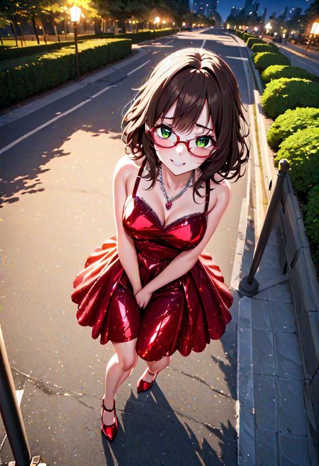 masterpiece, best quality, Ray tracing, hdr, volumetric lighting, highres, detailed background, night, dark, 1girl, solo, scenery, outdoors, city park, pixiv, (very dark brown messy hair:1.4), green eyes, messy hair, updo, hair bangs, (glasses:1.6), zettai ryouiki, medium breasts, short ruby red crystalline dress, heels, necklace, walking down street, talking to viewer, hand in crotch, nervous smile, looking away