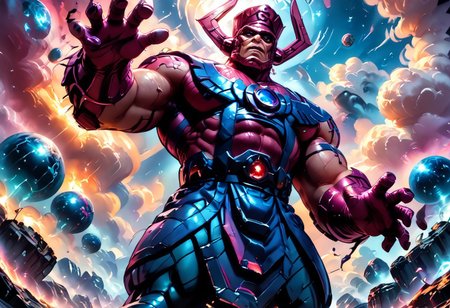 score_9, score_8_up, score_8, score_7_up, score_7, rating_safe, 1man, size difference, super scale, in the heavens, sky being, gigantic, colossal, huge, enormous, dwarfing the earth. above the clouds, celestial being, 
An anime-style, comic-inspired illustration capturing the head of Galactus looming ominously in the sky above a sprawling modern city skyline at dusk. Towering skyscrapers are dwarfed by his colossal presence, with swirling clouds and a dark, brooding color palette emphasizing the sheer scale and power of this cosmic entity. The mood is foreboding and filled with dread, as the citizens below witness Galactus’s massive, otherworldly form dominating the horizon in dramatic detail