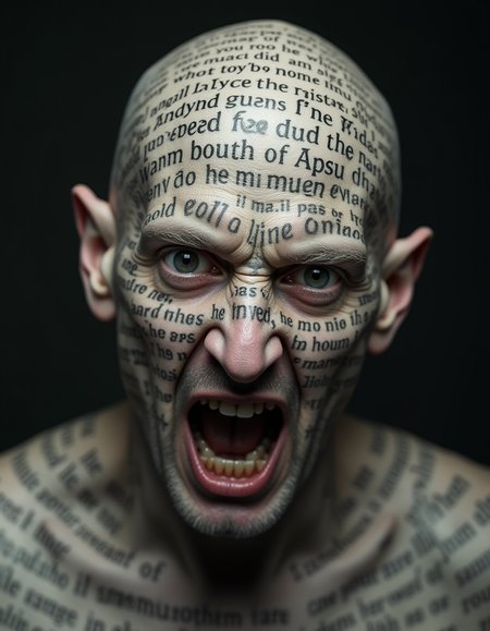 A close-up portrait of a 40-year-old bald man with pale skin and an intense, crazed expression. His entire face, neck, and bald scalp are covered in intricate tattooed texts of biblical scripture. The tattoos are detailed and wrap around his features, creating a striking contrast against his pale skin. The man's wide eyes and unhinged gaze add to the unsettling atmosphere, while the carefully inscribed verses give a haunting, almost surreal, impression of religious obsession.