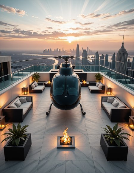 A high-resolution photo of a luxurious rooftop of a five-star hotel at sunset, featuring a sleek helipad with a high-end, matte-black private helicopter elegantly parked. The rooftop is designed with ultra-modern architecture, featuring a spacious terrace with infinity-edge glass railings, ambient lighting, and a panoramic city skyline in the background. The surface of the helipad is clean, polished concrete with clear illuminated markings. Surrounding the helipad, there are lounge areas with modern outdoor furniture, minimalist fire pits, and decorative planters with tropical greenery. The lighting is warm and golden, casting soft shadows and highlighting the contours of the helicopter and the textures of the rooftop. The sky is dramatic, painted with hues of orange, pink, and violet, creating a cinematic atmosphere of luxury and exclusivity. The overall mood is elite, calm, and aspirational, showcasing the ultimate in urban luxury lifestyle.
<lora:SDXLFaeTastic2400:0.4> <lora:extremely_detailed:0.4> extremely detailed,helipad r00ft0p <lora:helipad_r00ft0p-i:1>, Masterpiece,best quality,hi res,8k,hi res,8k,award winning,(sharp focus, intricate, highly detailed),