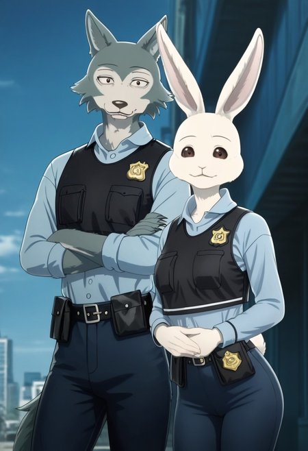 score_9, score_8_up, score_7_up, masterpiece, best quality, highly detailed, realistic, duo, side by side, size different
BREAK 
HaruS3, 1girl, furry, anthro, lagomorph, female rabbit, pink inner ear, rabbit ears, very Short, black eyebrows, thin eyebrows, brown sclera, black eyes, glistening eyes, white body, white fur, medium breasts, supple round butt, legs, smug expression, police uniform,bulletproof vest,blue leggings, Long sleeve, looking at viewer, city, outdoors, blurry depth of field, volumetric lighting, vivid colors, dynamic angle, posing, expressive, portrait, arms crossed,
1boy, legoshi, official art, Male gray wolf, wolf ears, Wolf tail, tall,<lora:Legoshi_r2-000002:0.8> , masculine, looking at viewer