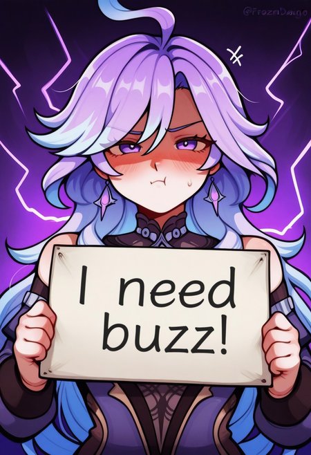 mavuika_(genshin_impact)
,need_buzz, holding sign. background of purple lightning. pouting face,frozenlilyst2l3, blushing, shaded_face,  (artist:_fluffydango:1)