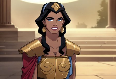 score_9, score_8_up, score_7_up, hippolyta, long hair, blue eyes, black hair, makeup, lipstick, armor, jewelry, earrings, greek dress, cleavage, smile