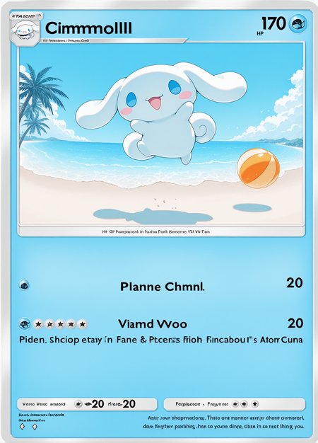 (Cinnamoroll:1.05), hand wave, outdoors, excited, (palm tree, beach:0.95), white blue theme, looking at viewer, full body, beachball, jumping,  
character name, text, english text, fake screenshot, official style, 
copyright name, watermark, artist name,  copyright notice, watermark,
shiny border
card (medium), original tcgpocket,
from side, 
rating safe, eitmksg, 
masterpiece, best quality, amazing quality, <lora:Cinnamoroll-10:1.0> <lora:eitmksg:1.0> <lora:tcg_pocket_resized:1.0>