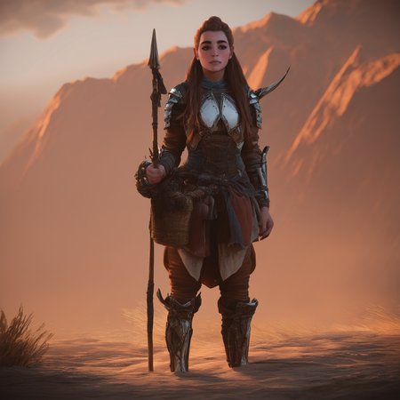 1girl,long hair,brown hair,freckles,wide shot,armor,holding spear,<lora:HorizonForbiddenWestStyle_illustrious:1>,horizonfwstyle,realistic,masterpiece,newest,