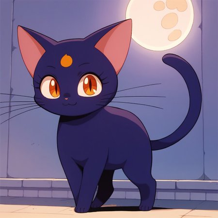 score_9_up, score_8_up, cat, furry, anime, whiskers,  Luna, female, solo, dark purple fur, Moon crest on forehead, no human, full body, outside, stand on a wall, look at viewer, smile,