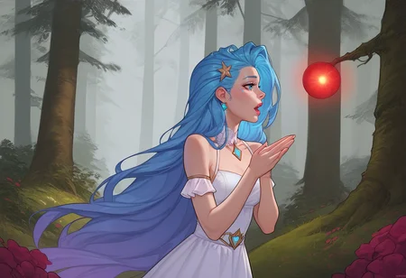masterpiece,best quality, highly detailed, score_9, score_8_up, score_7_up, score_6_up, score_5_up, score_4_up, Expressiveh, forest, solo,
1girl, seraphine \(league of legends\), blue hair, standing, looking at own hands, white dress, holding red orb with both hands, glowing red, small orb, open mouth, puckered lips, 
<lora:Expressive_H:0.65>  <lora:incase-ilff-v3-4:0.5> <lora:Smooth Style 2 SDXL_LoRA_Pony Diffusion V6 XL:0.25> <lora:Meinfischer:0.5>