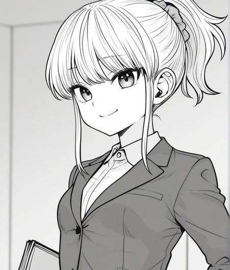 1girl, Iyo, monochrome, greyscale, ponytail, small breasts, office lady, jacket, smile