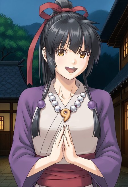 1girl, solo, mikogamisama, koyoriamamiya, black hair, ponytail, hair ribbon, red ribbon, hair bell, yellow eyes, brown eyes, kimono, purple jacket, magatama necklace, sash, outdoors, village, japanese village, hands together, smile, looking at viewer, cowboy shot, open mouth
