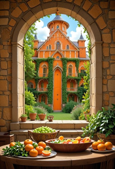 score_9, score_8_up, score_7_up, An image of a warm, sunny kitchen, where a craftsman is creating a unique culinary work of art using orange slices. On the light wooden table, there is a large circular plate where, with precision and creativity, the orange slices have been arranged to form a castle. Each slice shines in the sunlight coming through the window, its orange hues varying from pale to vibrant, creating an image reminiscent of a floral mandala. As the craftsman works, he adds fine details, using the peels and green leaves to accentuate the work. The citrus scent fills the air, giving a refreshing and joyful feeling to the room. This mosaic is not only a visual delight, but also a tribute to the natural beauty of fruits and human creativity.