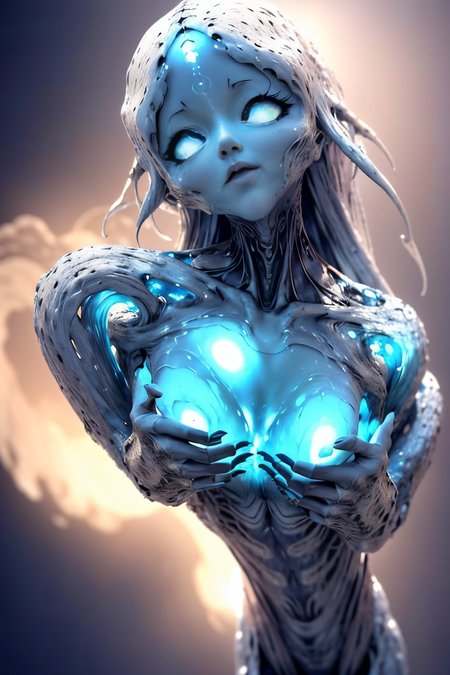 A floating entity composed of shimmering, ethereal energy, radiating a soft glow. It has no discernible form but exhibits ever-shifting shapes, resembling flowing mist or swirling nebulae. It communicates through harmonic vibrations and patterns of light. (Realisitc:1.5) alien woman monster, breasts, <lora:EdobMonsterFemale2_v1.0:0.8>
