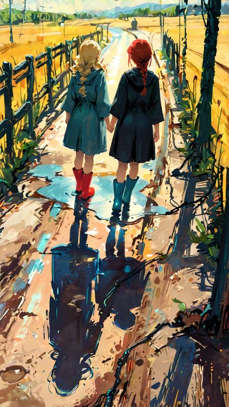 masterpiece, newest,absurdres,incredibly absurdres, best quality, amazing quality, very aesthetic, impressionism, 
2girls, holding hands, puddle, rubber boots, dutch angle, field, dirt road, wodden fence, cable, blonde, long hair, curly hair, red hair, single braid, 
 <lora:Face_Enhancer_Illustrious:0.5> <lora:Forest_Decay_Style_ichi_sk:1> <lora:Hunternif16:1>