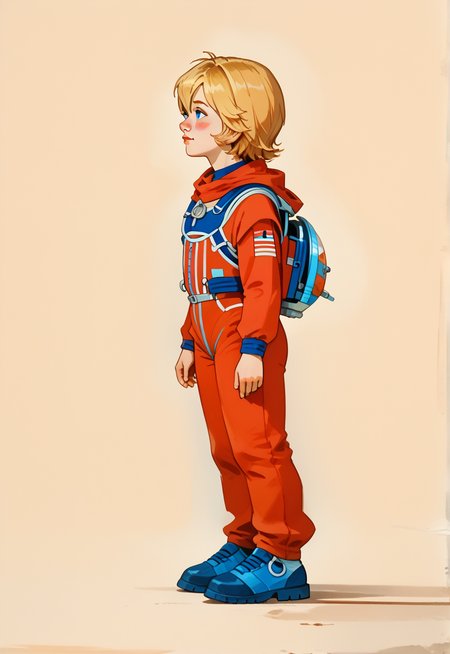 score_9, score_8_up, score_8_up, perfect drawing, sharp lines, absurdres, 
1girl, solo, alisattp, (full body:1.2), 
blonde hair, blue eyes, blush stickers, hair between eyes, bangs, red bodysuit, spacesuit, short hair,
Dynamic lighting, shading, detailed, from side,  thighs, feet, standing,
simple background,  looking up,
1980s \(style\),
d3t41l3d,  <lora:d3t41l3dXLP:0.6>, <lora:alisattp_pdxl:1>