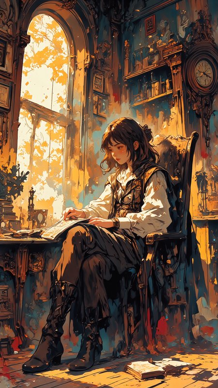Impressionistic anime-style scene of a young woman sitting alone in a dimly lit room, an old photo album resting on her lap. Her fingers gently trace a faded picture, her expression distant, lost in thought. Dust particles float in the golden light filtering through a lace-curtained window, casting soft patterns on the wooden floor. The room is filled with quiet nostalgiaâworn books stacked on a side table, a teacup long gone cold, a clock ticking softly in the background. Mixed art styleâloose, painterly impressionist brushstrokes for depth and atmosphere, anime-style character details, ligne claire outlines for clarity and structure. <lora:flux-sm41l33-comic-v1:0.8> <lora:Anime_v1.3:1.5> <lora:Techno_Digitalis:1.0>