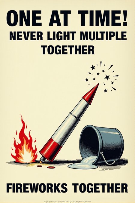 A vintage poster with a clear, simple illustration of a firework rocket lying horizontally on the ground next to a tipped-over bucket of water. Flames are subtly depicted near the rocket. Bold, black text on a white background warns: "ONE AT A TIME! Never Light Multiple Fireworks Together." Emphasize the potential for chaos and danger with multiple ignitions.  <lora:REMEs_War_Poster_Style:0.95> In REME's War Poster Style,âââ