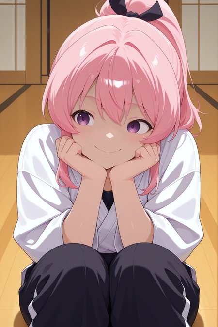 masterpiece, anime coloring, newest,  CivChan,  Karate Dojo, Sitting on knees with hands resting on thighs,   <lora:CivChan1101-illust:0.8>