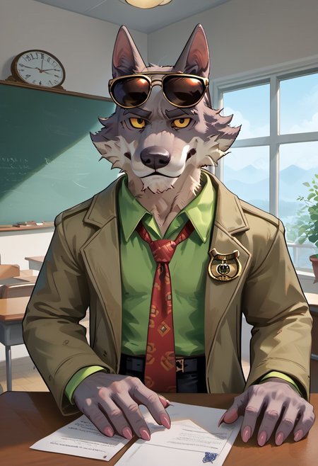 score_9_up, score_8_up, score_7_up, masterpiece, best quality, amazing quality, very aesthetic, absurdres, newest,  high quality, detailed, male, solo male, DaleDonovan, 1boy, mature male, male, anthro, wolf, broad shoulders, scruffy, gray fur, light tan underbelly, black eyes, yellow sclera, thick eyebrows, animal ears, green collared shirt, red tie, tan jacket, detective, sunglasses on forehead, black pants, half body, indoors, sitting at desk, papers on desk, looking at viewer, one raised eyebrow